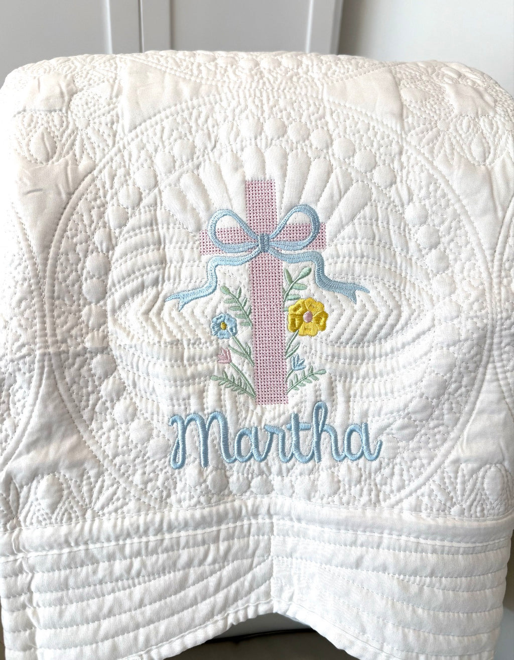 Personalized White Quilted Blanket