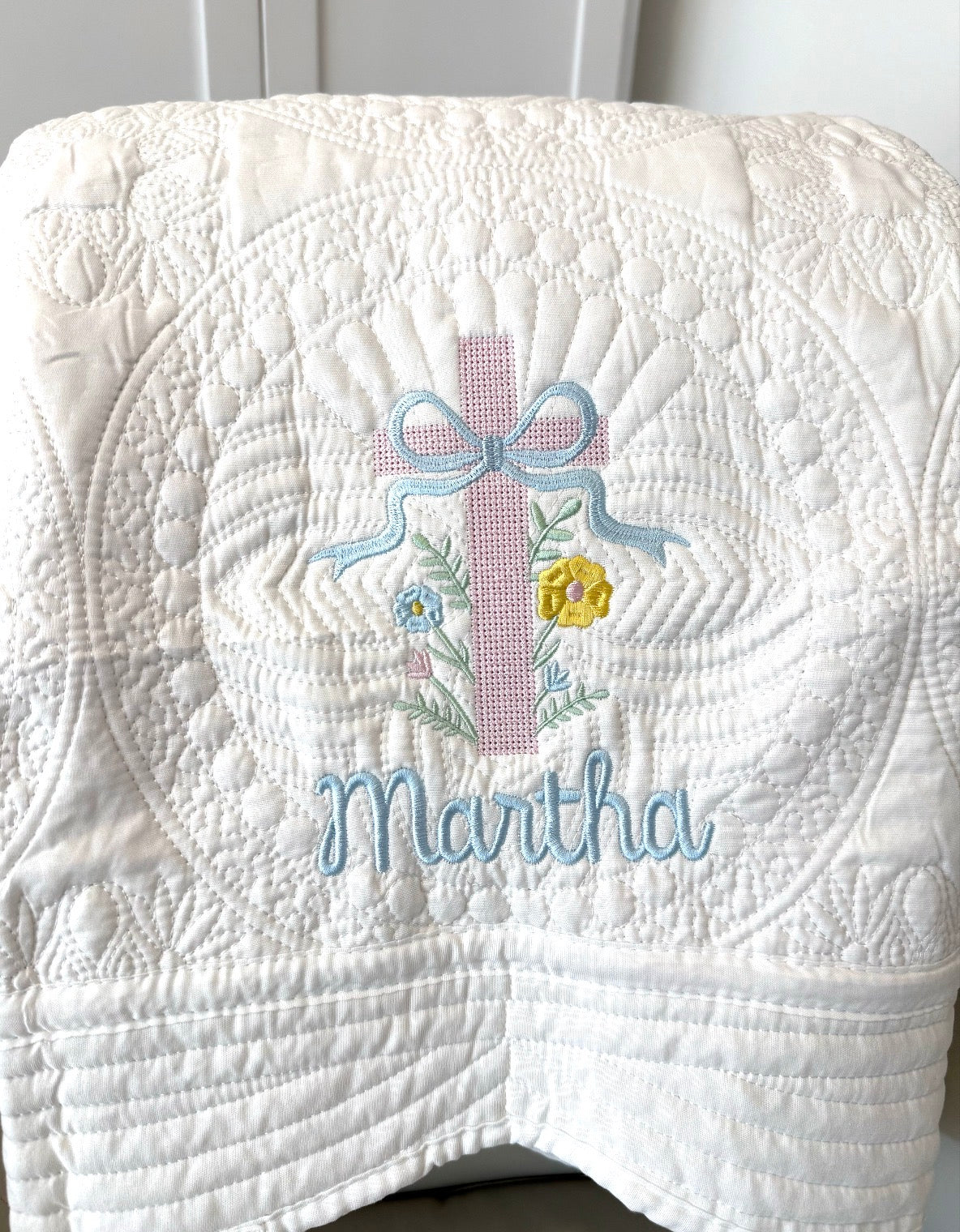 Personalized White Quilted Blanket